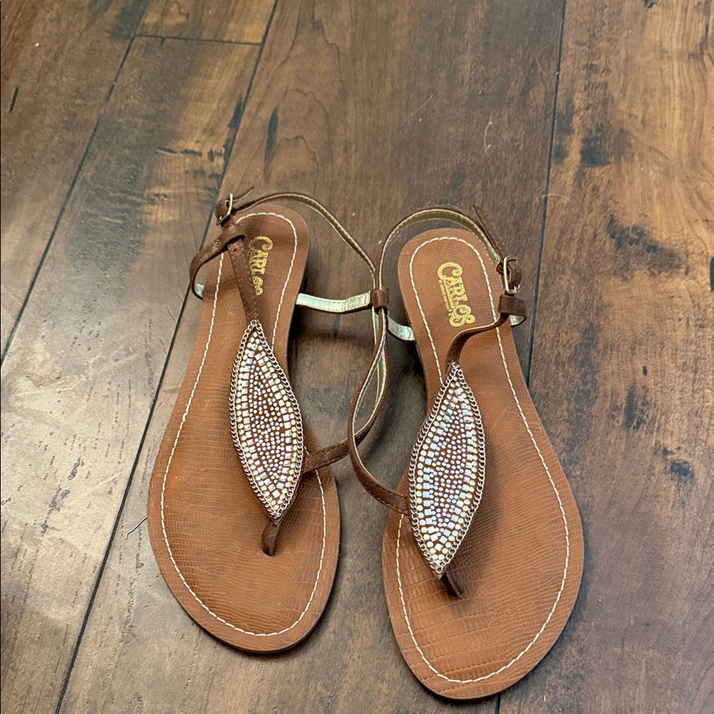 Carlos Santana Brown Jeweled T-Strap Sandals